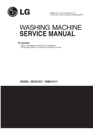 Lg wd2016c wm2101h series service manual cover with LG logo, service website path, washer model codes and service caution notice