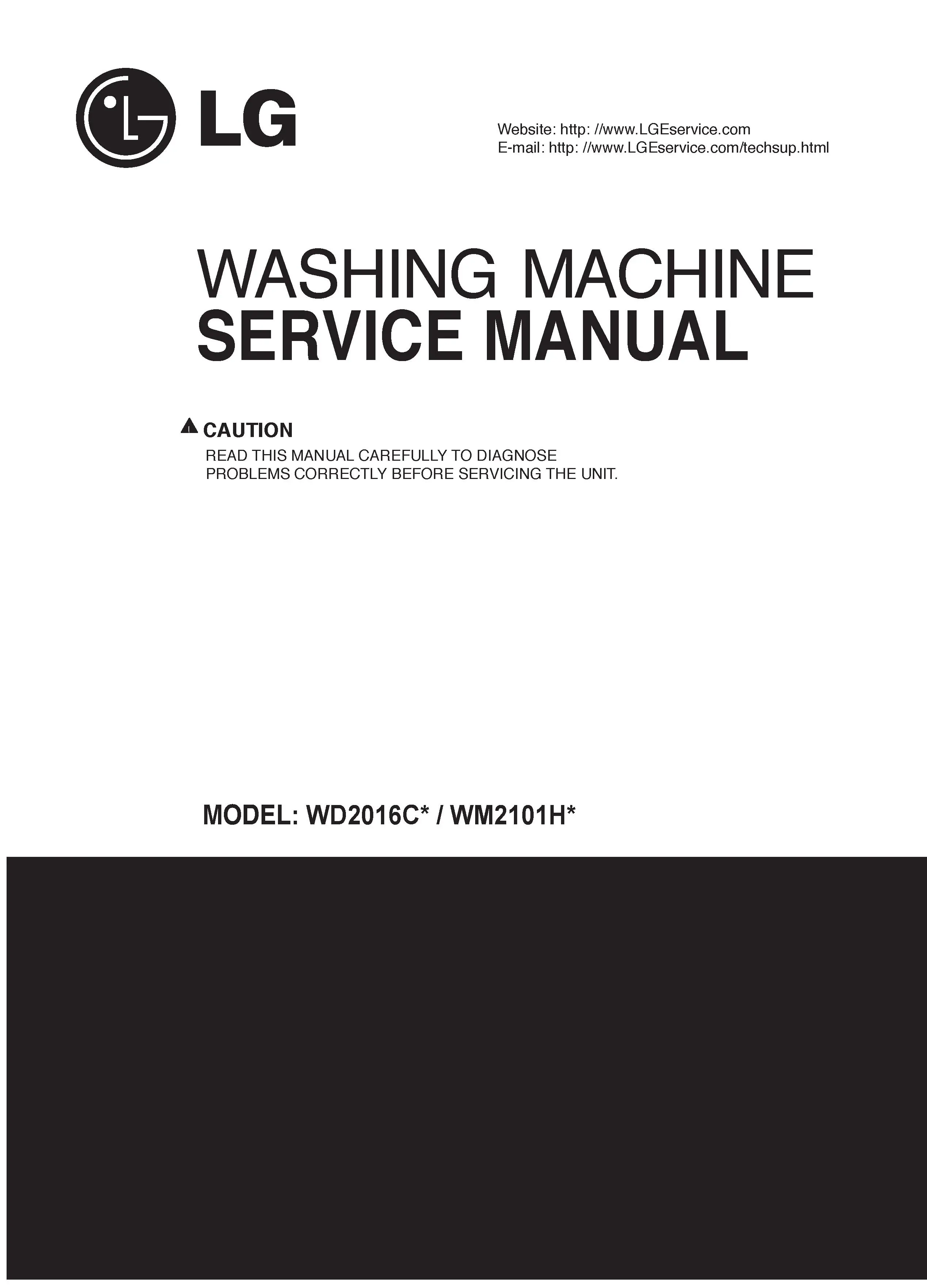 Lg wd2016c wm2101h series service manual cover with LG logo, service website path, washer model codes and service caution notice