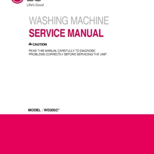Lg wd205ck service manual cover with LG logo, service website path, washer model codes and service caution notice