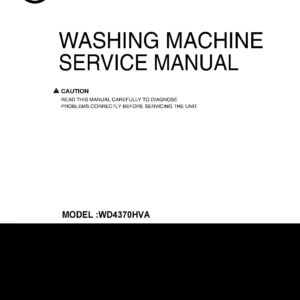 Lg wd4370hva service manual cover with LG logo, service website path, washer model codes and service caution notice