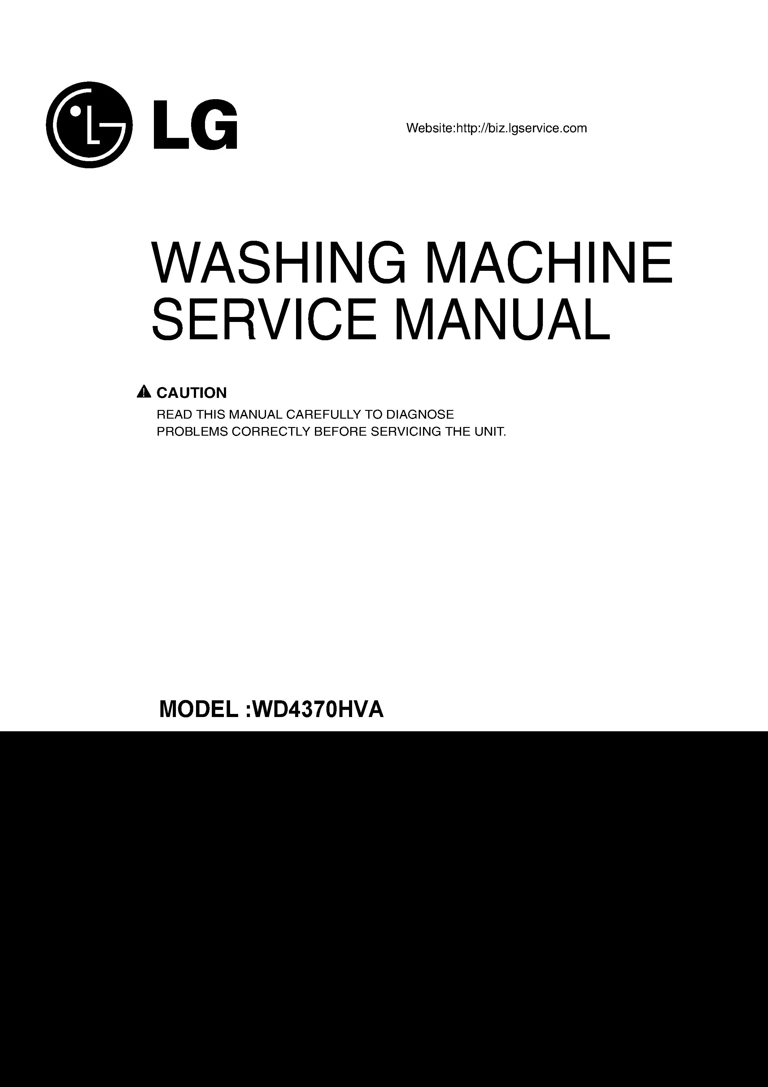 Lg wd4370hva service manual cover with LG logo, service website path, washer model codes and service caution notice
