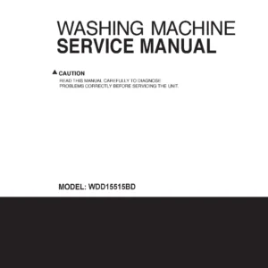 Lg wdd16515bd service manual cover with LG logo, service website path, washer model codes and service caution notice