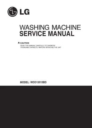 Lg wdd16515bd service manual cover with LG logo, service website path, washer model codes and service caution notice
