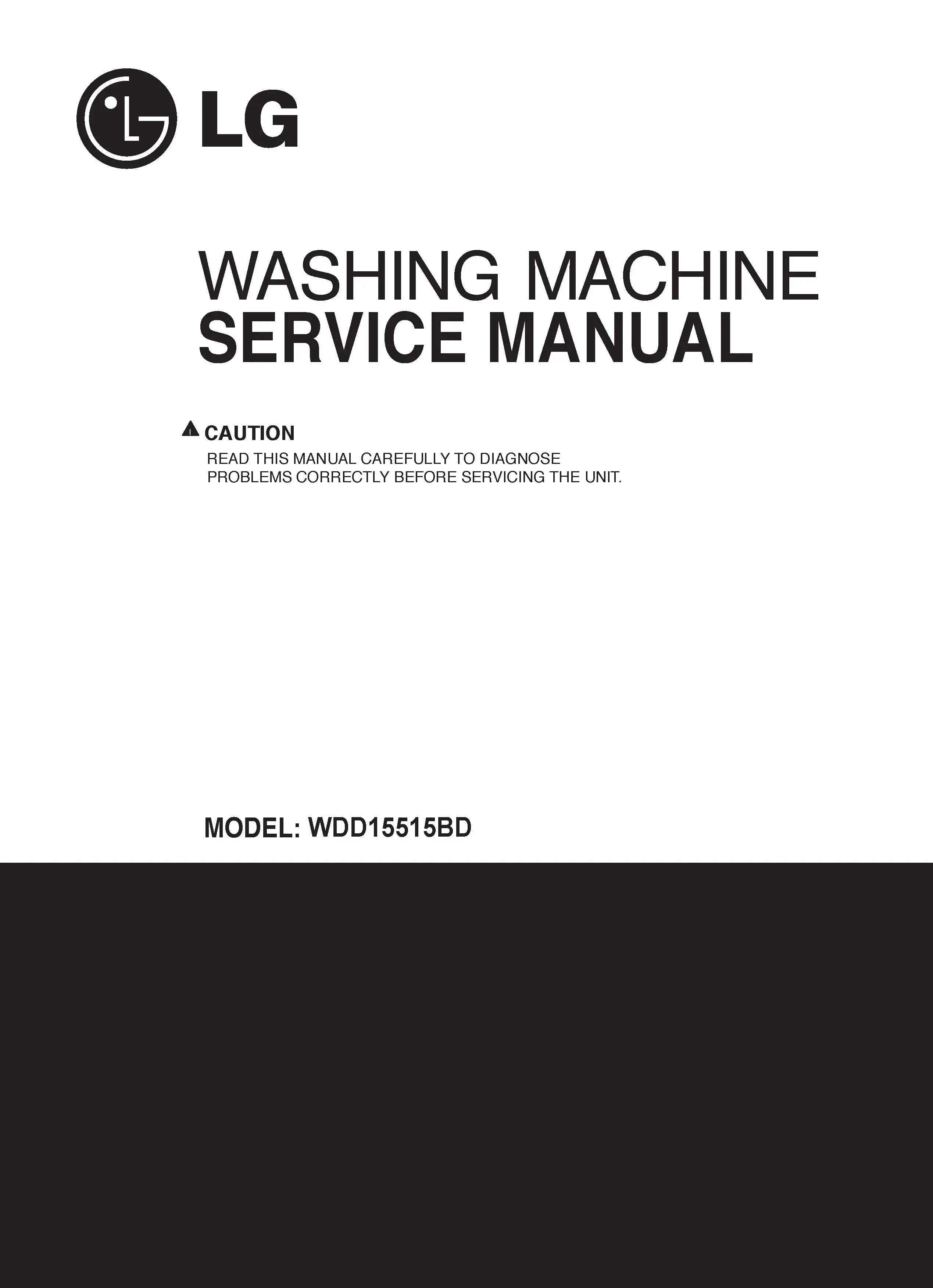 Lg wdd16515bd service manual cover with LG logo, service website path, washer model codes and service caution notice