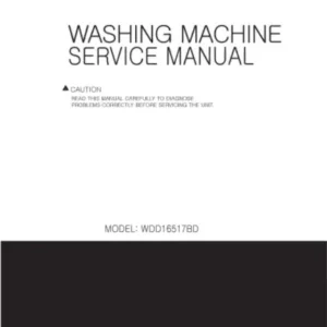 Lg wdd16517bd service manual cover with LG logo, service website path, washer model codes and service caution notice