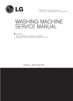 Lg wdd16517bd service manual cover with LG logo, service website path, washer model codes and service caution notice
