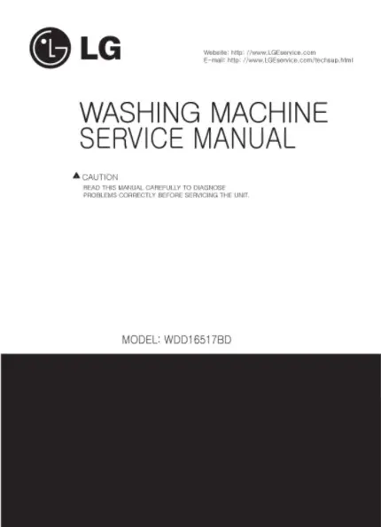 Lg wdd16517bd service manual cover with LG logo, service website path, washer model codes and service caution notice