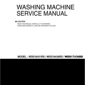 Lg wdd17436rd service manual cover with LG logo, service website path, washer model codes and service caution notice