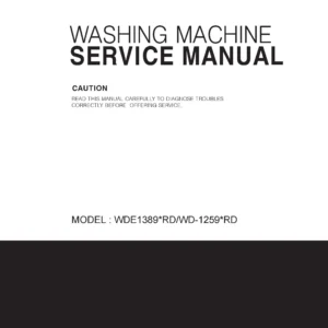 Lg wde13890rd service manual cover with LG logo, service website path, washer model codes and service caution notice