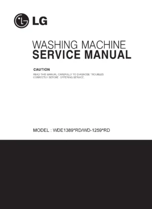 Lg wde13890rd service manual cover with LG logo, service website path, washer model codes and service caution notice