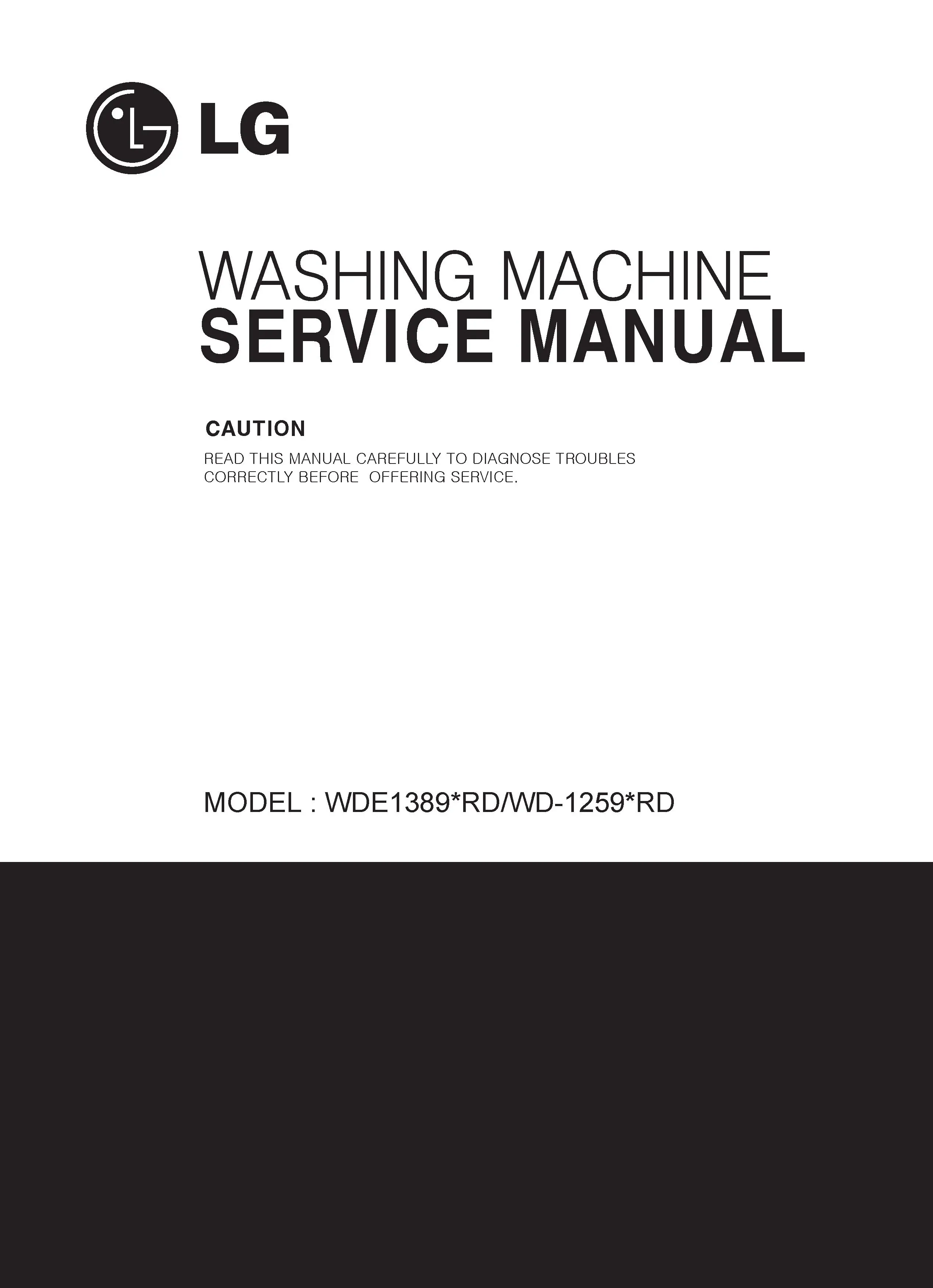 Lg wde13890rd service manual cover with LG logo, service website path, washer model codes and service caution notice