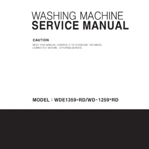 Lg wde13896rd service manual cover with LG logo, service website path, washer model codes and service caution notice