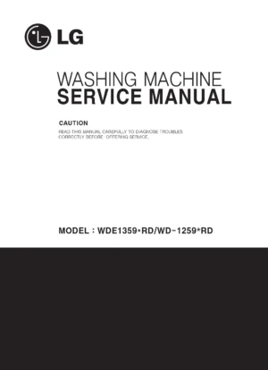 Lg wde13896rd service manual cover with LG logo, service website path, washer model codes and service caution notice