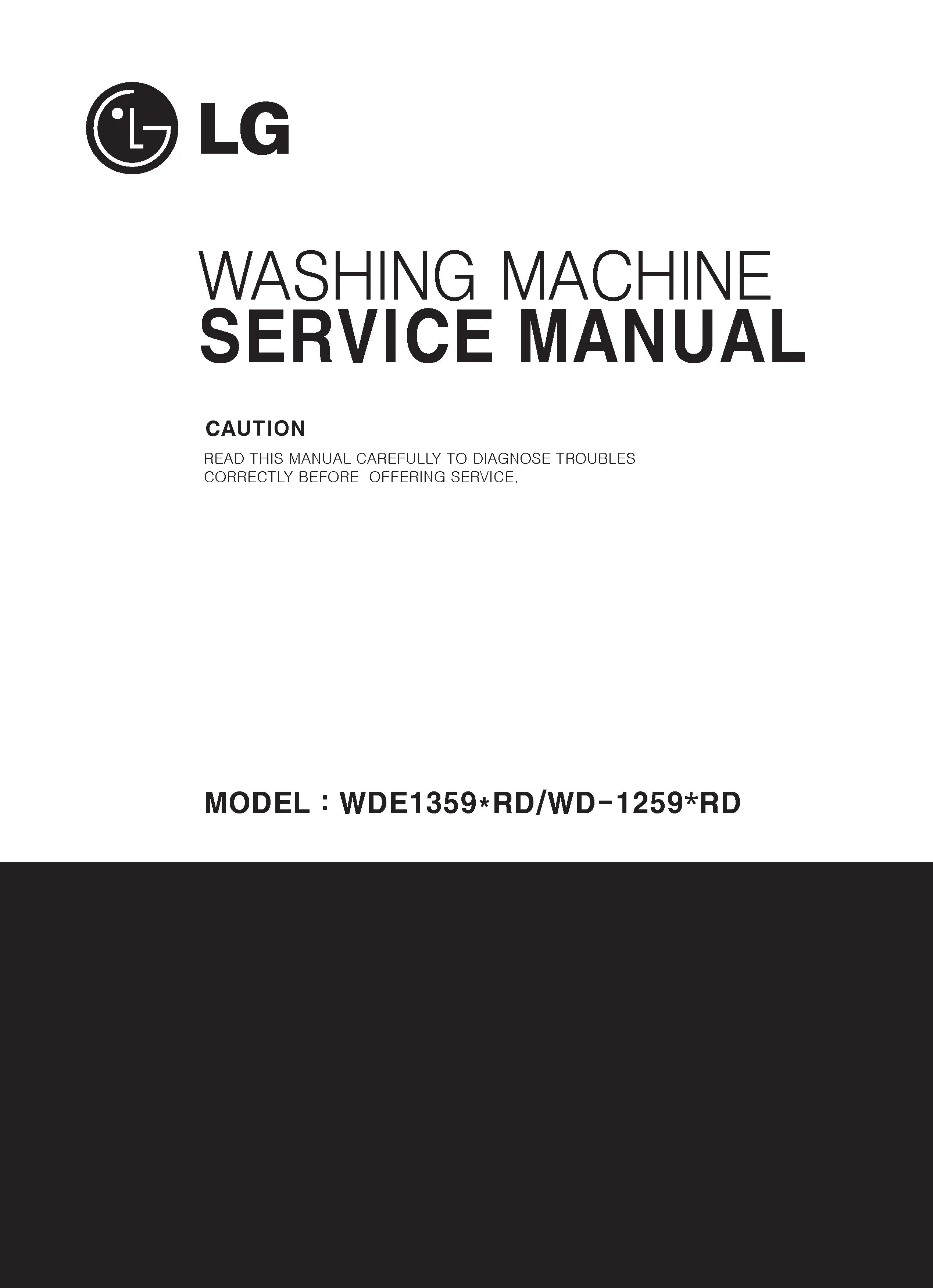Lg wde13896rd service manual cover with LG logo, service website path, washer model codes and service caution notice
