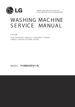 Lg wdm1196adp service manual cover with LG logo, service website path, washer model codes and service caution notice