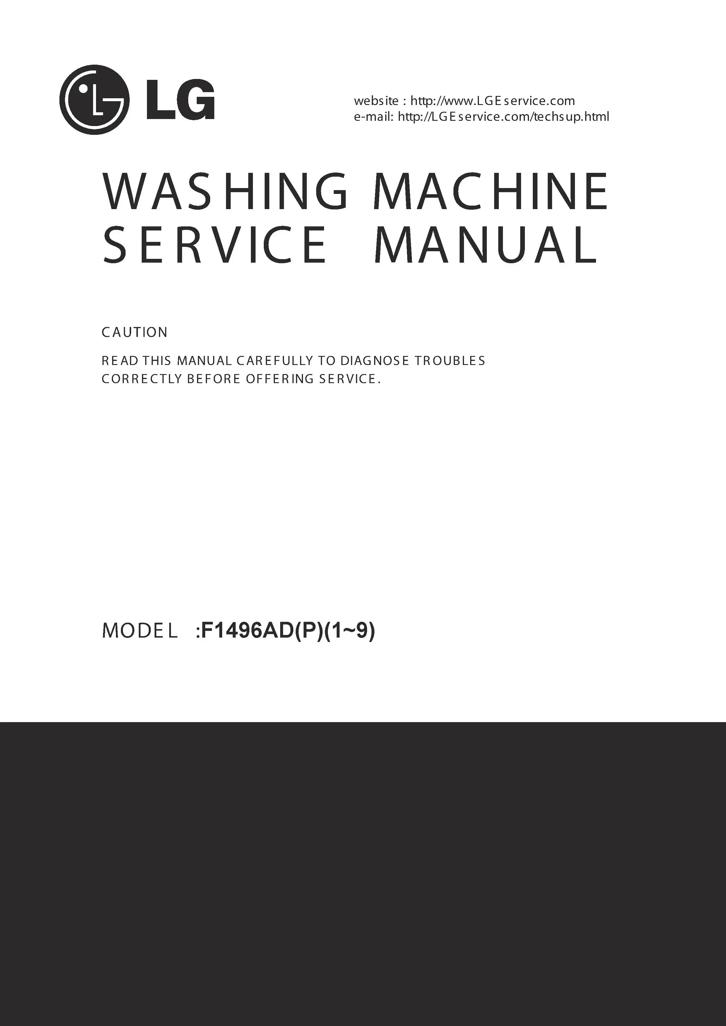 Lg wdm1196adp service manual cover with LG logo, service website path, washer model codes and service caution notice