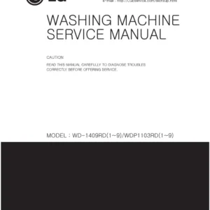 Lg wdp1103rd5 service manual cover with LG logo, service website path, washer model codes and service caution notice