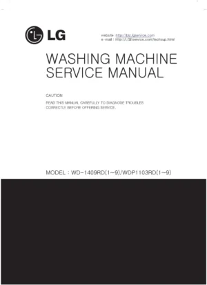 Lg wdp1103rd5 service manual cover with LG logo, service website path, washer model codes and service caution notice