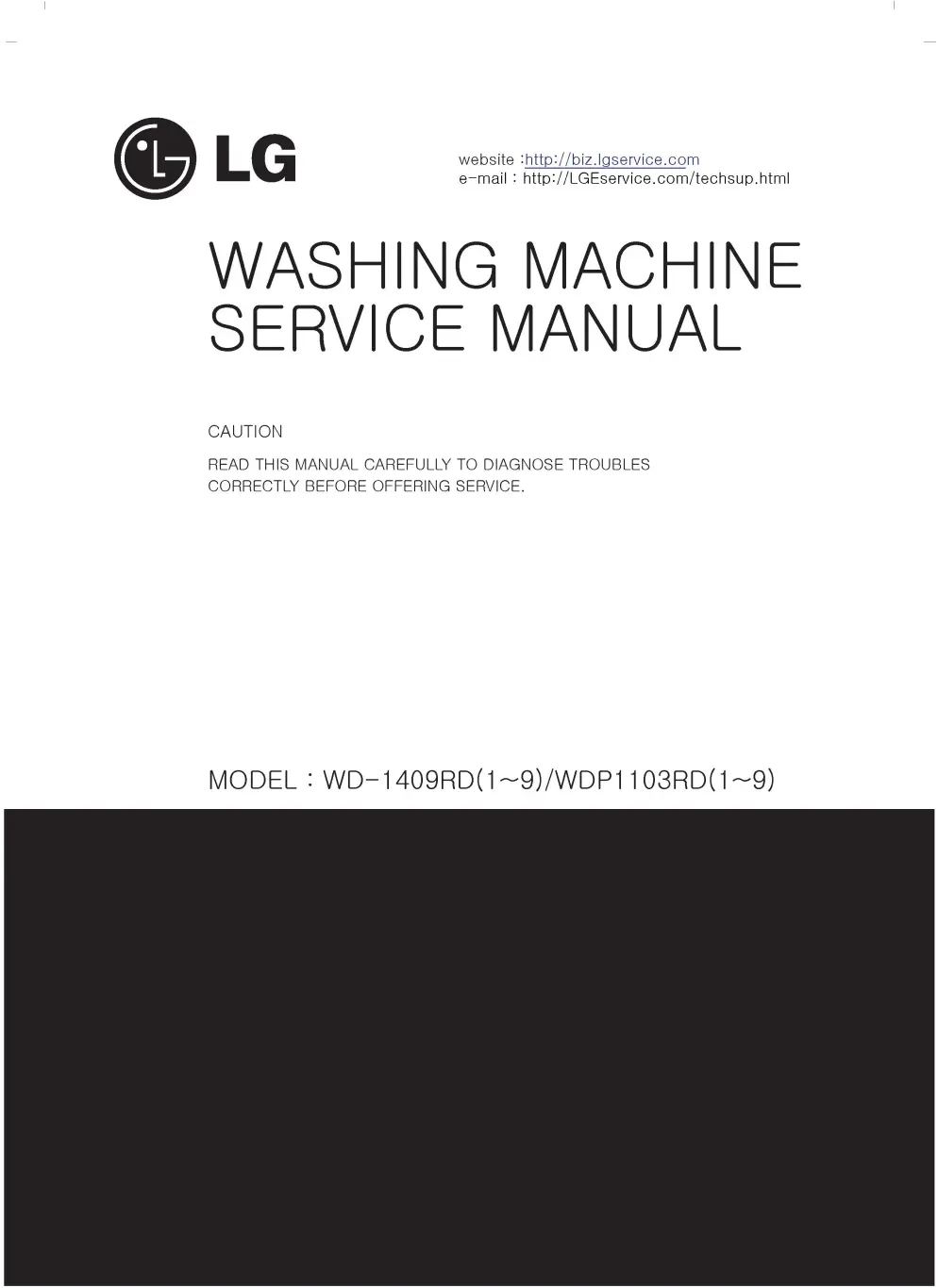 Lg wdp1103rd5 service manual cover with LG logo, service website path, washer model codes and service caution notice