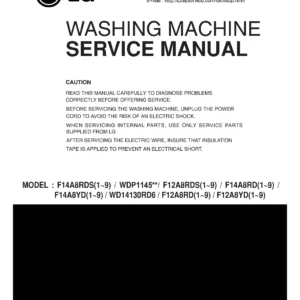 Lg wdp1145rd service manual cover with LG logo, service website path, washer model codes and service caution notice