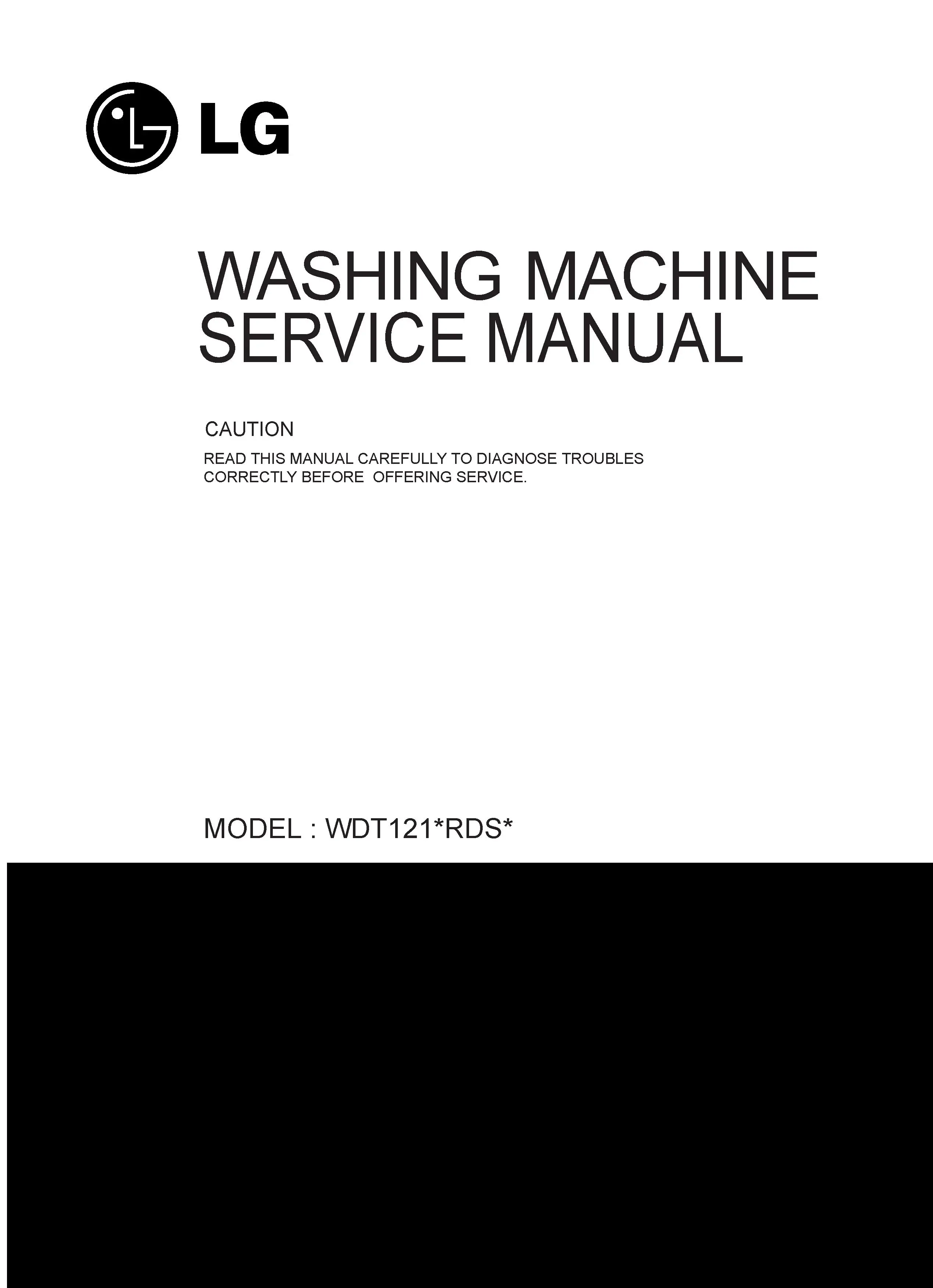 Lg wdt1210rdsu service manual cover with LG logo, service website path, washer model codes and service caution notice