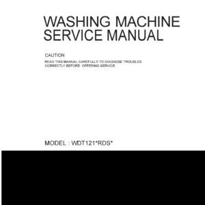 Lg wdt1211rdsu service manual cover with LG logo, service website path, washer model codes and service caution notice