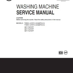 Lg wf t1072tp service manual cover with LG logo, service website path, washer model codes and service caution notice