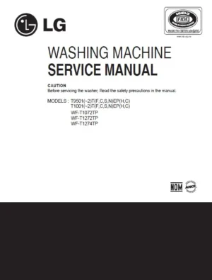 Lg wf t1072tp service manual cover with LG logo, service website path, washer model codes and service caution notice
