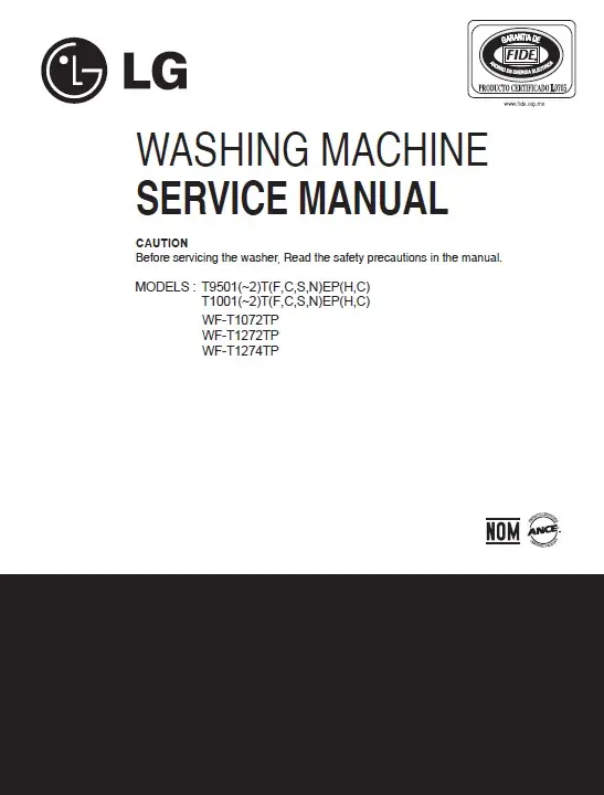 Lg wf t1072tp service manual cover with LG logo, service website path, washer model codes and service caution notice