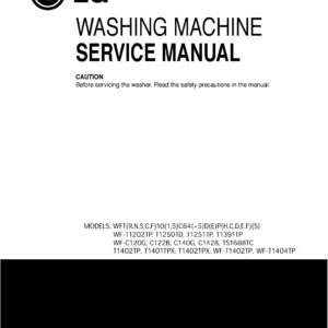 Lg wf t1402tp service manual cover with LG logo, service website path, washer model codes and service caution notice