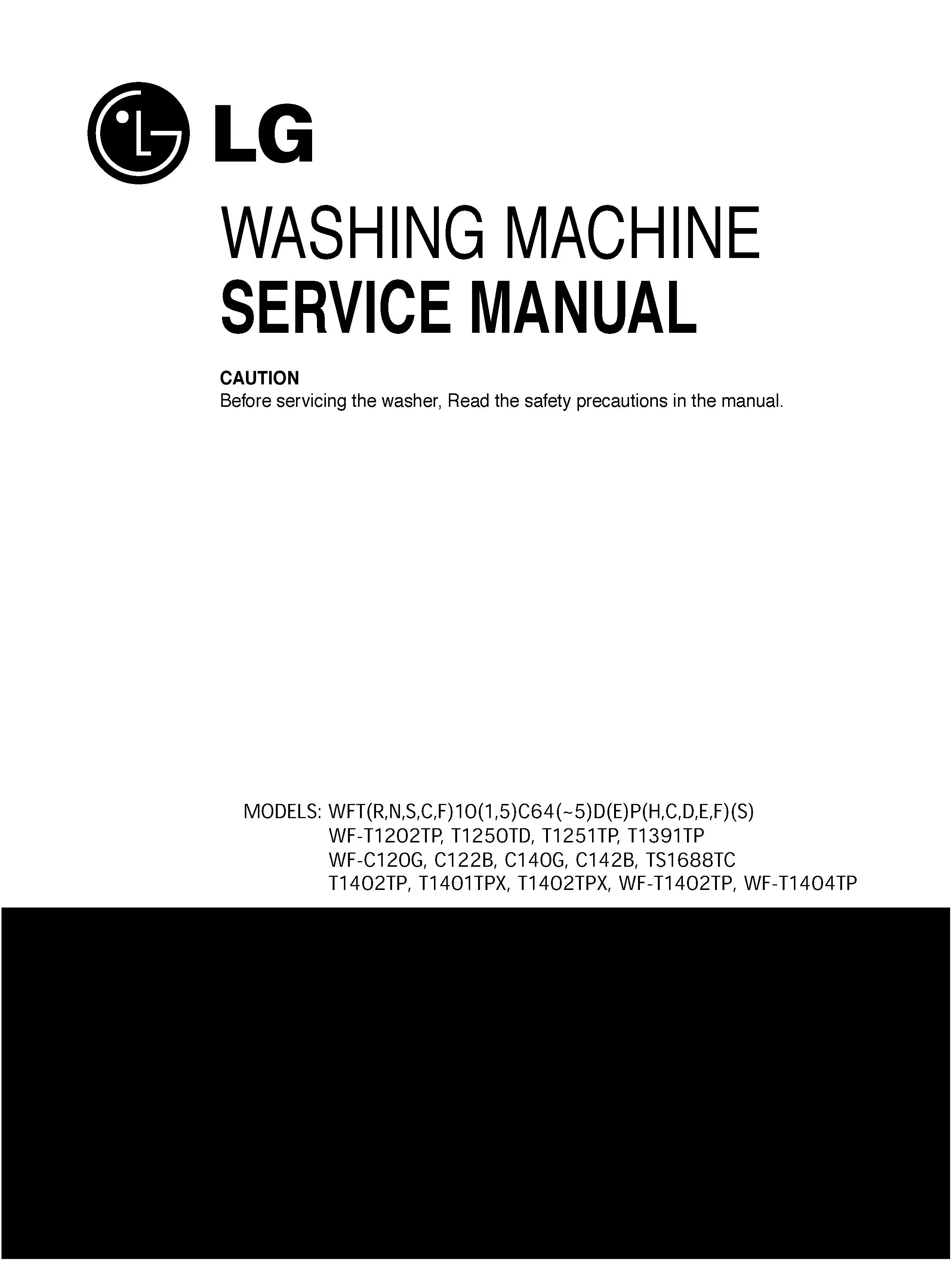 Lg wf t1402tp service manual cover with LG logo, service website path, washer model codes and service caution notice