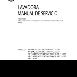 Lg wf t1404tp service manual cover with LG logo, service website path, washer model codes and service caution notice