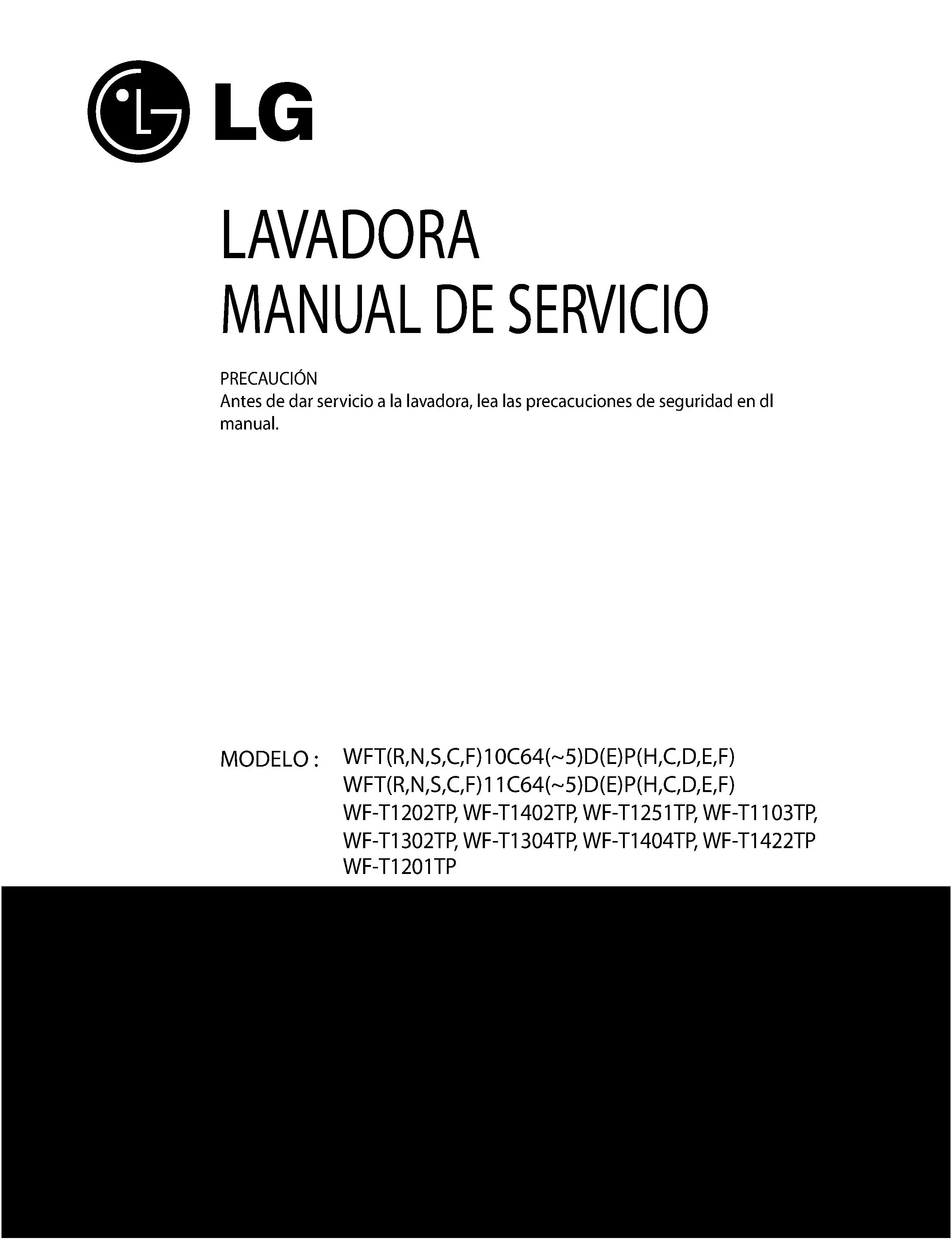 Lg wf t1404tp service manual cover with LG logo, service website path, washer model codes and service caution notice