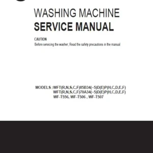 Lg wf t556 service manual cover with LG logo, service website path, washer model codes and service caution notice
