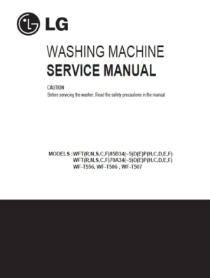 Lg wf t556 service manual cover with LG logo, service website path, washer model codes and service caution notice