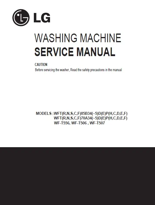 Lg wf t556 service manual cover with LG logo, service website path, washer model codes and service caution notice