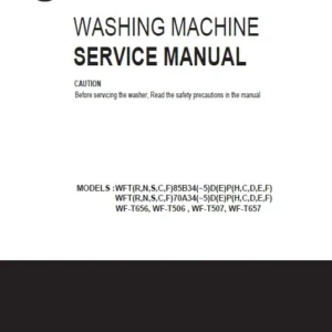 Lg wf t656 t506 t507 t657 service manual cover with LG logo, service website path, washer model codes and service caution notice