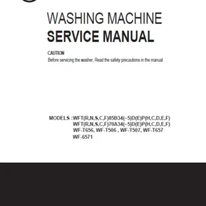 Lg wf t6571 service manual cover with LG logo, service website path, washer model codes and service caution notice
