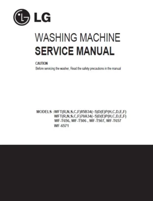 Lg wf t6571 service manual cover with LG logo, service website path, washer model codes and service caution notice