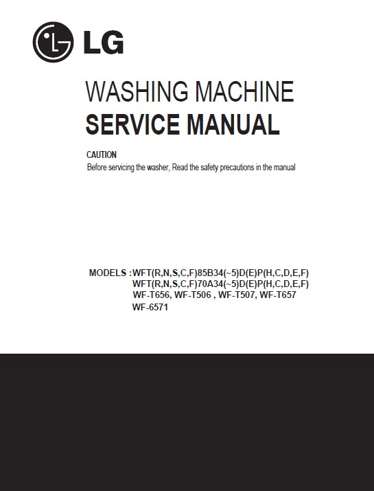 Lg wf t6571 service manual cover with LG logo, service website path, washer model codes and service caution notice