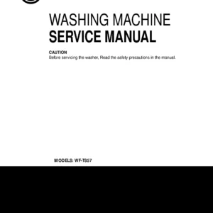 Lg wf t857 service manual cover with LG logo, service website path, washer model codes and service caution notice