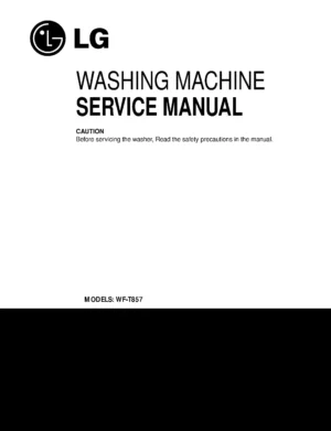 Lg wf t857 service manual cover with LG logo, service website path, washer model codes and service caution notice