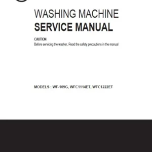 Lg wfc1222et service manual cover with LG logo, service website path, washer model codes and service caution notice