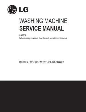 Lg wfc1222et service manual cover with LG logo, service website path, washer model codes and service caution notice
