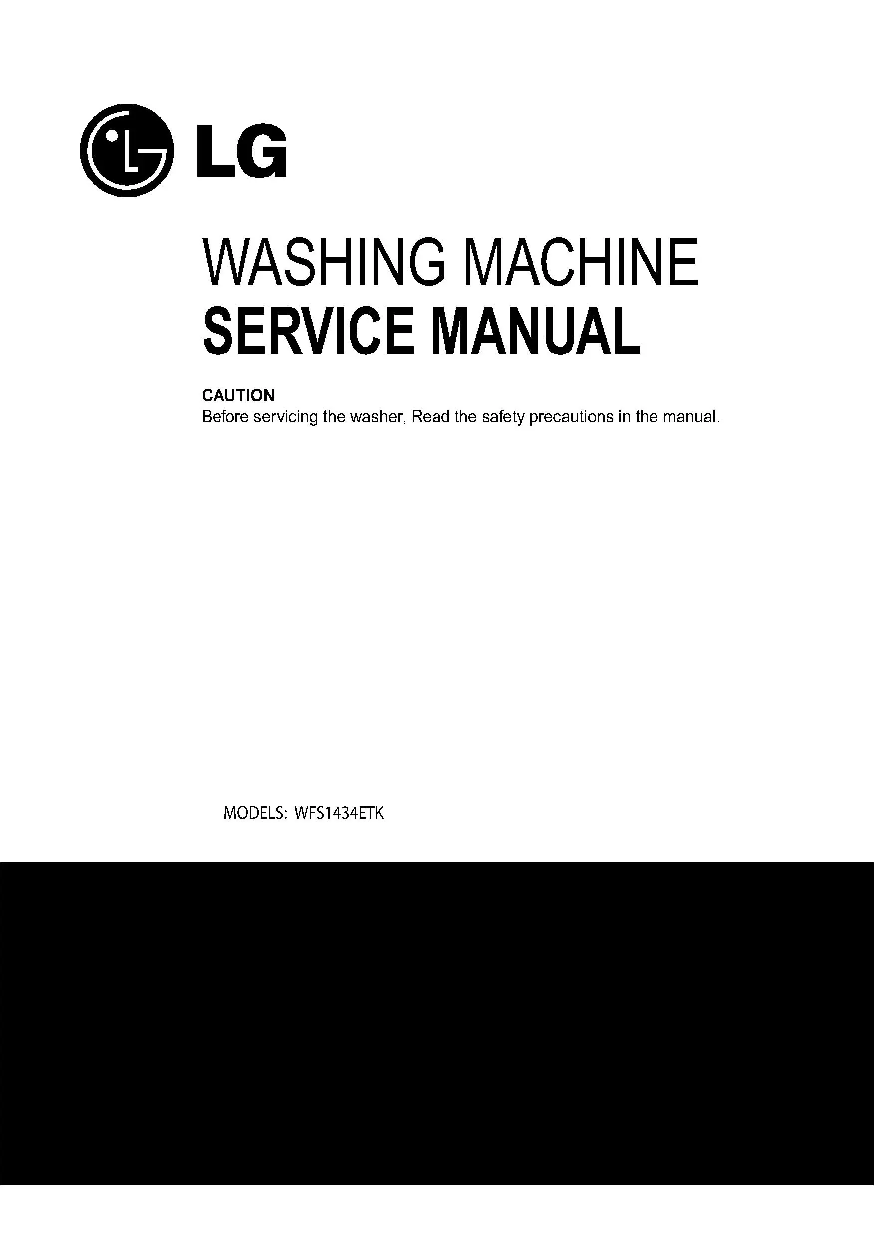 Lg wfs1434etk service manual cover with LG logo, service website path, washer model codes and service caution notice