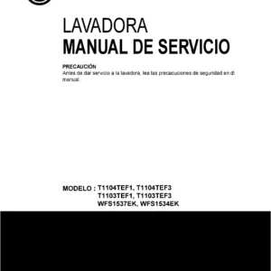 Lg wfs1537ek service manual cover with LG logo, service website path, washer model codes and service caution notice
