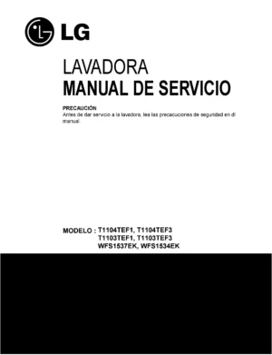 Lg wfs1537ek service manual cover with LG logo, service website path, washer model codes and service caution notice