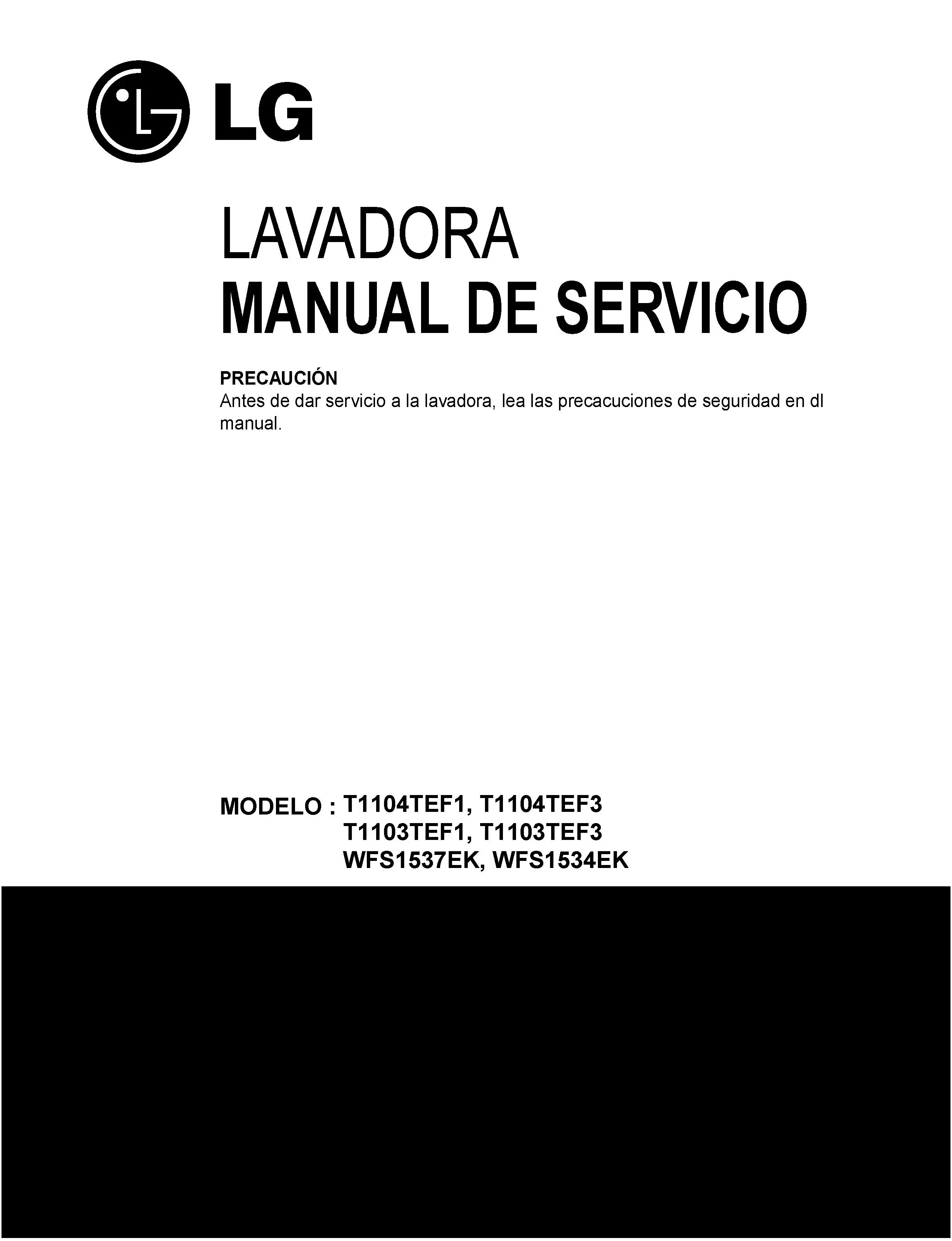 Lg wfs1537ek service manual cover with LG logo, service website path, washer model codes and service caution notice