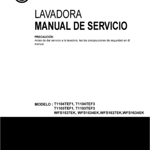 Lg wfs1637ek service manual cover with LG logo, service website path, washer model codes and service caution notice