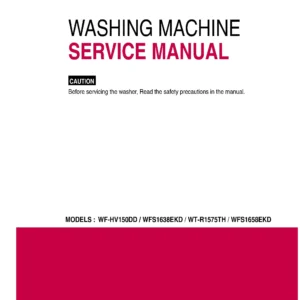 Lg wfs1638ekd service manual cover with LG logo, service website path, washer model codes and service caution notice